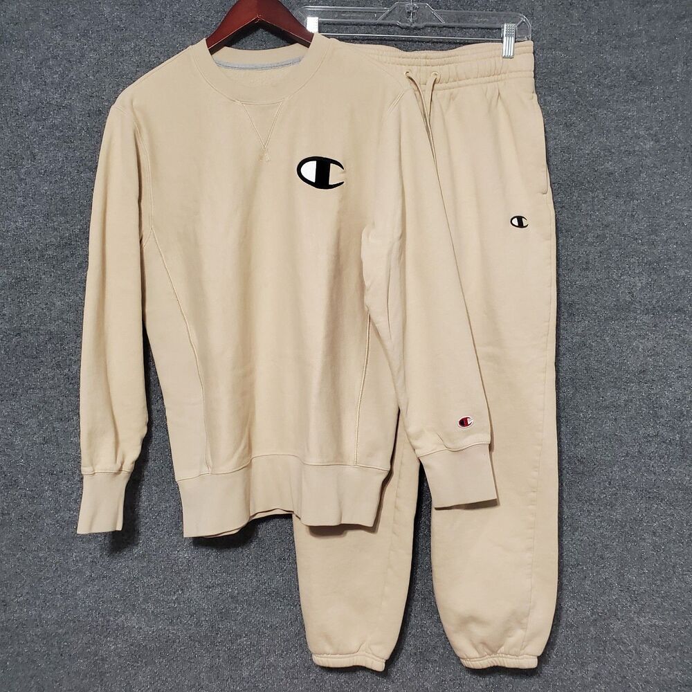 Champion Crewneck Sweatshirt Sweatpant Set Mens Small Beige Outdoor Jogger Retro